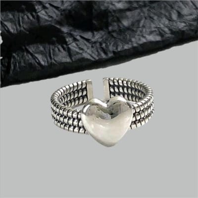 Nouveaux Bijoux Rétro Vieillis Brillants en Argent Sterling 925 en Forme de Cœur Personnalité Chaîne Torsadée Cœur Bagues Ouvertes R660 gray