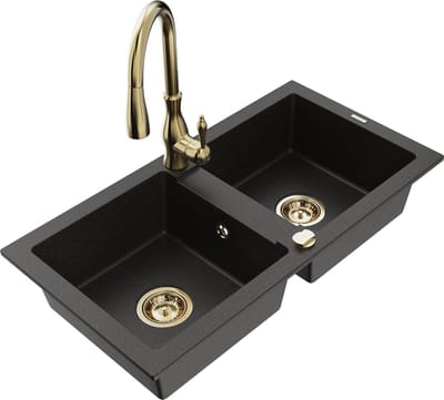Mexen Mario granieten spoelbak met 2 compartimenten en keukenmengkraan Savita, zwart/goud metallic - 6504-75-672601-50