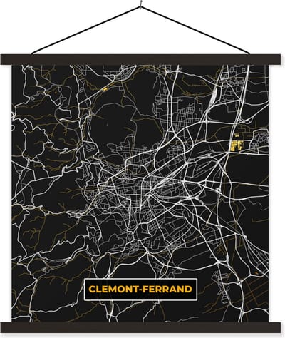 Posterhanger incl. Poster 60x60 cm - Schoolplaat - Clemont-Ferrand – Plattegrond – Frankrijk – Kaart – Stadskaart - Textielposter - Zwarte latten - Stadskaart