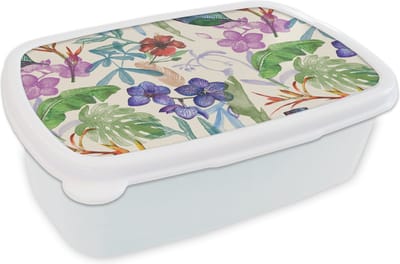 Broodtrommel Wit - Lunchbox - Brooddoos - Jungle - Bloemen - Patronen - 18x12x6 cm - Volwassenen