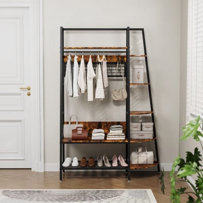 Vrijstaande kapstok in industriële stijl met opbergplank — Retro-bruine kledingorganizer voor slaapkamers, woonkamers en thuiskantoren — Multifunctioneel rek voor kleding en schoenen — Zwart + Bruin