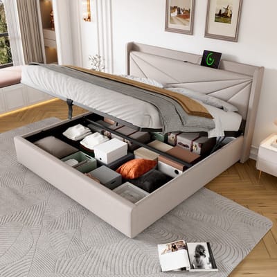 KOMHTOM - Gestoffeerd tweepersoonsbed - met opbergruimte - bedkist met USB Type-C-oplaadfunctie - hoofdeinde - opbergbedden - linnen bedframe - jeugdbed - 140x200 cm - met lattenbodem - zonder matras