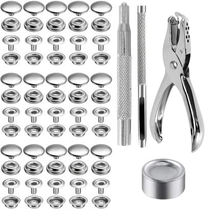 Complete Set van 200 Drukknopen met Tangen, 15 mm, Ronde Metalen Drukknopen, Roestvrij Staal, Inclusief Opbergtas en Bevestigingsgereedschap voor Leren en Kledingmaken
