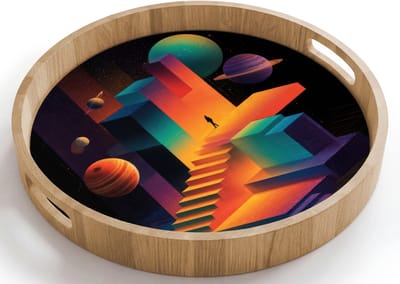 Dienblad rond 40x40 cm - Schootdienblad hout - Abstract - Trappen - Mens - Planeten - Borrelplank rechthoek - Plateau houten dienbladen