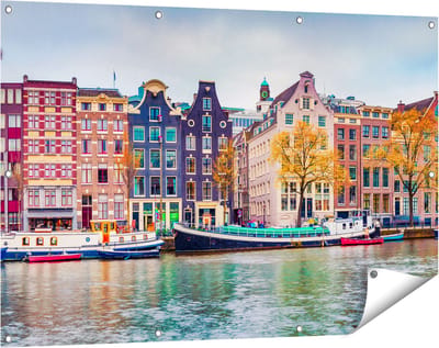 Gards Tuinposter Amsterdamse Huisjes vanaf de Gracht - 120x80 cm - Tuindoek - Tuindecoratie - Wanddecoratie buiten - Tuinschilderij