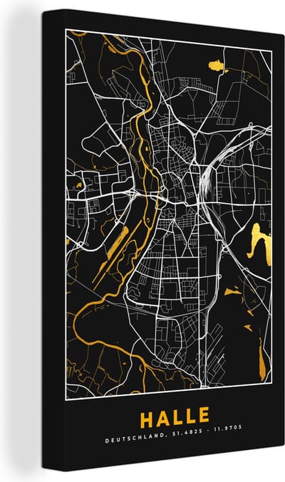 Canvas Schilderij Halle - Stadskaart - Goud - Plattegrond - Kaart - Duitsland - 20x30 cm - Wanddecoratie