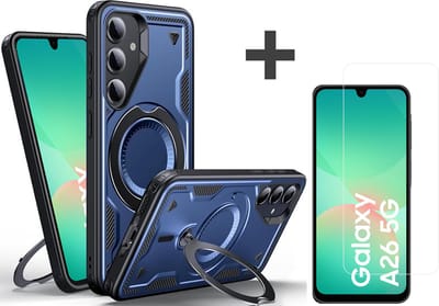 Hoesje Geschikt voor Samsung Galaxy A26 met gehard glas Screenprotector - Armor hoes met Ringhouder - Arara backcover - Navy