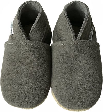 Donkergrijze suede babyslofjes van Baby-Slofje maat 16/17 - 0-6 maanden