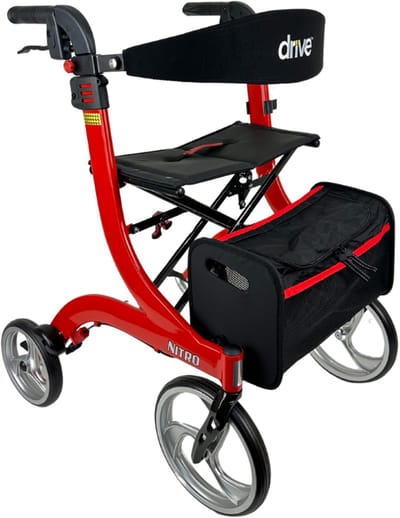 Rollator Nitro Large - Rood - 1.80m tot 1.95m - Lichtgewicht (7,1 kg) - Weggewerkte remkabels - Grote voorwielen - Comfort banden - Geschikt voor lange mensen