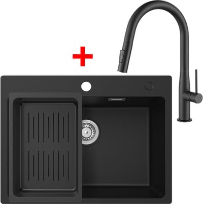 CECIPA max Granieten Spoelbak voor keuken 60x45cm Antraciet - Spoelbakken Keuken Met Keukenkraan met Uittrekbare Uitloop - Wasbak met waterafvoersysteem - Granieten spoelbak met afdruip