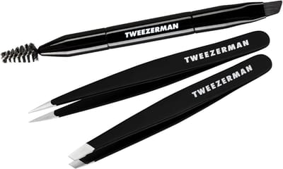 TWEEZERMAN Eyebrow Styling Tweezers Set (3-Piece Picking Set with Brush and Two Tweezers), Black