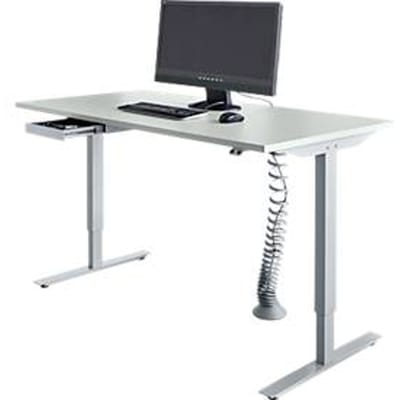 Schäfer Shop Select Bureau Start Off - elektrisch in hoogte verstelbaar - T-poot – L 1600 x B 800 x H 705/1205 mm – lichtgrijs/wit aluminium + lade + kabelspiraal