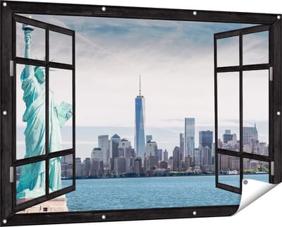 Gards Tuinposter Doorkijk Vrijheidsbeeld in New York - 150x100 cm - Tuindoek - Tuindecoratie - Wanddecoratie buiten - Tuinschilderij