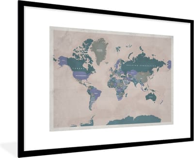 Poster in lijst - Fotolijst 120x80 cm - Posters - Wereldkaart - Vintage - Paars - Kind - Meiden - Jongens - Posterlijst zwart - Decoratie - Wanddecoratie woonkamer - Muurdecoratie slaapkamer