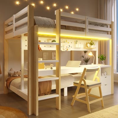 Hoogslaper 90x200/140x200 cm - Bureau en Laden met LED-verlichting - Ophangpaneel - Grenenhout - Wit