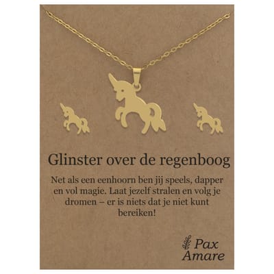 Stainless Steel Eenhoorn Ketting + Oorbellen Setje op Cadeau Kaartje - Glinster over de regenboog - 45 cm ketting & ± 10x10mm Oorknopjes - Goudkleurig Roestvrij Staal - Pax Amare