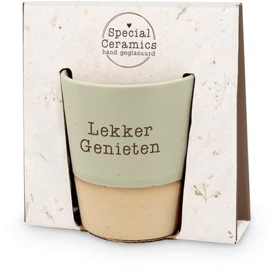 Mok - Beker - Toffeemix - Levensgenieter - Keramiek - lint: "Speciaal voor jou" - Cadeauverpakking