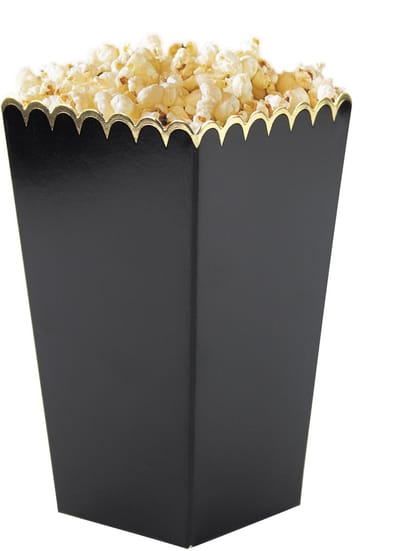 PARTYPRO - 8 zwarte en gouden popcornbakjes 12,5 x 7 cm met geschulpte rand