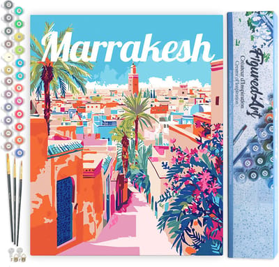 Figured'Art Schilderen op Nummer Volwassenen canvas Reisposter Marrakesh Marokko - Handwerk acrylverf Kit DIY Compleet - 40x50cm zonder frame