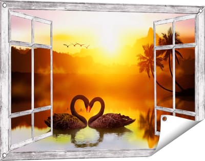 Gards Tuinposter Doorkijk Twee Zwarte Zwanen in een Hart Vorm - 90x60 cm - Tuindoek - Tuindecoratie - Wanddecoratie buiten - Tuinschilderij
