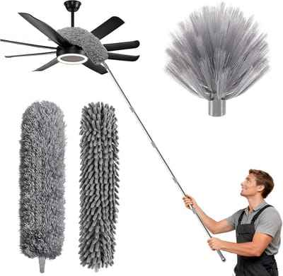 Telescopische stofdoek met uittrekbare steel, wasbare microvezeldoeken, 10 stangen, 360° draaibare kop, 1,5-6 m bereik, voor plafonds, ramen en hoeken