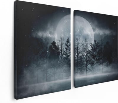 Artaza Canvas Schilderij Tweeluik Maan tussen de Bomen in de Nacht - 120x80 cm - Wanddecoratie Woonkamer - Schilderijen - Muurdecoratie