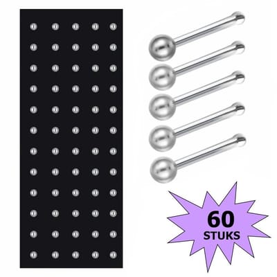 Fako Bijoux® - Neuspiercing - Stud - Staafje RVS - Staal - 2mm - Zilverkleurig - 60 Stuks