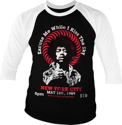 Jimi Hendrix Live In New York Base-ball T-shirt met 3/4-mouwen, wit-it-e-Black