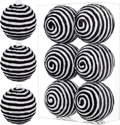 Decoratieve Kerstballen Zwart Wit - 6 Stuks van 10 cm - Grote Kerstversiering voor Feestdagen en Halloween Tafeldecoratie
