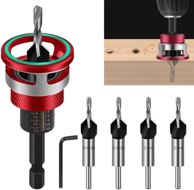 4-delige conische verzinkboorset met diepteinstelling | 1/4 inch hex shank HSS-M2 | Voor nauwkeurige verzinkgaten in hout (2.8/3.2/3.5/4 mm) | Inclusief bithouder en inbussleutel
