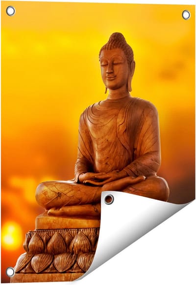 Gards Tuinposter Boeddha Standbeeld bij Zonsondergang - 40x50 cm - Tuindoek - Tuindecoratie - Wanddecoratie buiten - Tuinschilderij