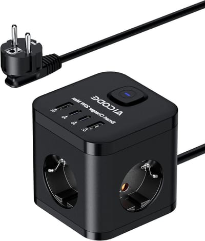 Stekkerdoos Kubus - Meervoudig Stopcontact - Apparaten Opladen - Met 4 USB Poorten - 3 Stopcontacten - Zwart