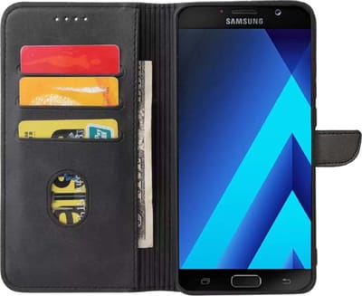 Geschikt voor Samsung Galaxy A8 2018 Telefoonhoesje Kunstleer met Magnetisch lipje en Pasjeshouder Book Case met Klepje - Zwart - Smartphonica geschikt voor Samsung Galaxy A8 (2018)
