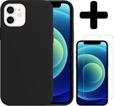 Hoesje - Met Screenprotector - Geschikt voor Apple iPhone 12 - Sterk & Shockproof - Telefoon Hoes - Back Cover - Siliconen Case - Telefoonhoes - Zwart