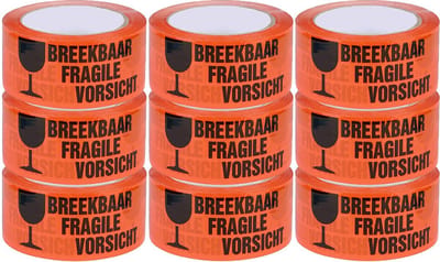 Waarschuwingstape - PP Acryl Tape - Breekbaar - 50 mm x 60 meter - 9 stuks