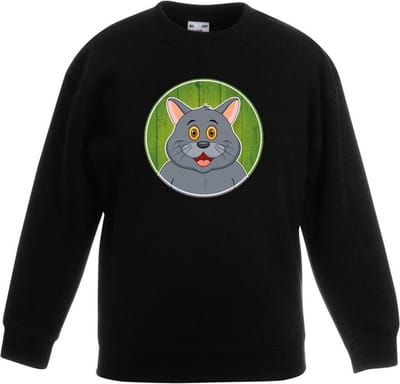 Kinder sweater zwart met vrolijke grijze kat print - grijze katten trui - kinderkleding / kleding 98/104