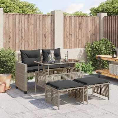 vidaXL - 4-delige - Loungeset - met - kussens - poly - rattan - en - glas - lichtgrijs