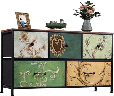 VIEMAE Ladekast - Ladenkastje - Dressoir - Opbergkast - Bloemen - 5 lades - Metalen frame, stoffen lades, houten blad - 100x30x55,2cm