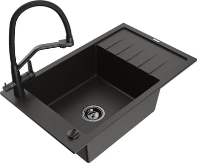 Mexen Elias granieten spoelbak met 1 bak, afdruiprek en Duo keukenmengkraan, zwart/goud metallic - 6511-75-671701-70-B