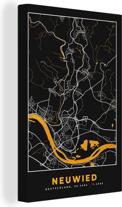 Canvas Schilderij Neuwied - Goud - Stadskaart - Plattegrond - Duitsland - Kaart - 20x30 cm - Wanddecoratie