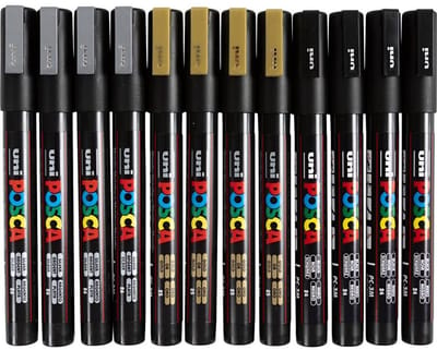 Posca Marker, afm PC-3M, lijndikte 0,9-1,3 mm, fijn, zwart, goud, zilver, 12 div