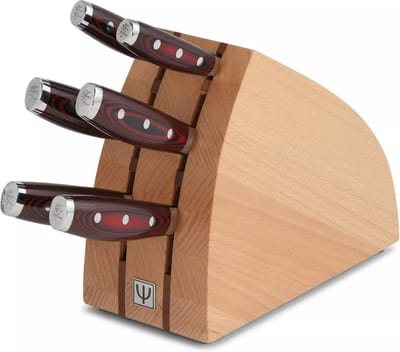 Yaxell Super Gou Messenset – 7-delig – Beukenhouten Messenblok met 6 Messen – 161 Lagen Damaststaal – SG2 Staal – 63 HRC – Canvas-Micarta Heft