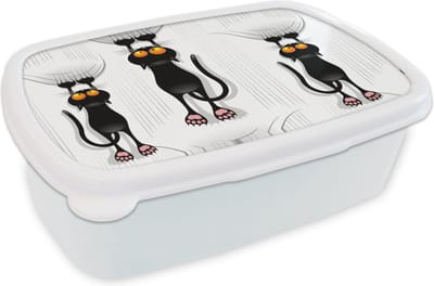 Broodtrommel Wit - Lunchbox - Brooddoos - Patroon - Kat - Zwart - Jongens - Meisjes - Kinderen - Kids - 18x12x6 cm - Volwassenen