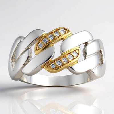 Cavill - 925 Sterling Zilver Ring met 6 I1 (G) Afrikaanse Diamanten Pavé - Ronde Briljantslijpsel - Gevlochten Modern Design met Goudaccenten - Dames