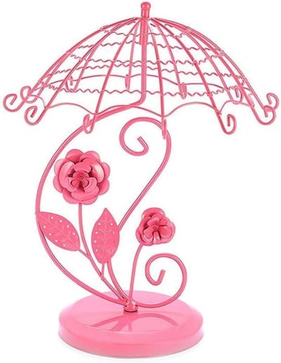 Jewelry Holder Vintage Style Umbrella Rose Earring Tree Jewelry Display Metal Jewelry Display Stand, Ornament Storage for Bedroom/Home/Store Jewelry Display (Color : Pink)