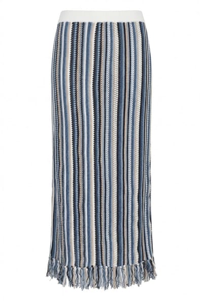 Ulla Popken - Dames - Gebreide rok ajourstrepen franjes elastische tailleband - Denim blauw - Maat 50+