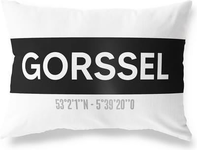 Tuinkussen GORSSEL - GELDERLAND met coördinaten - Buitenkussen - Bootkussen - Weerbestendig - Jouw Plaats - Studio216 - Modern - Zwart-Wit - 50x30cm