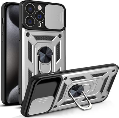Hoesje geschikt voor iPhone 15 Pro met Ringhouder en Camera schuifje – Zilver