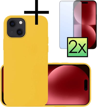 Hoesje - Met 2x Screenprotector - Geschikt voor Apple iPhone 15 - Sterk & Shockproof - Back Cover - Siliconen Case - Telefoon Hoes - Geel
