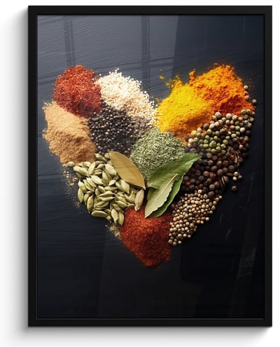 Poster in lijst - Fotolijst 50x70 cm - Posters - Specerijen - Mix - Hartvorm - Zwart - Posterlijst zwart - Decoratie - Wanddecoratie woonkamer - Muurdecoratie slaapkamer